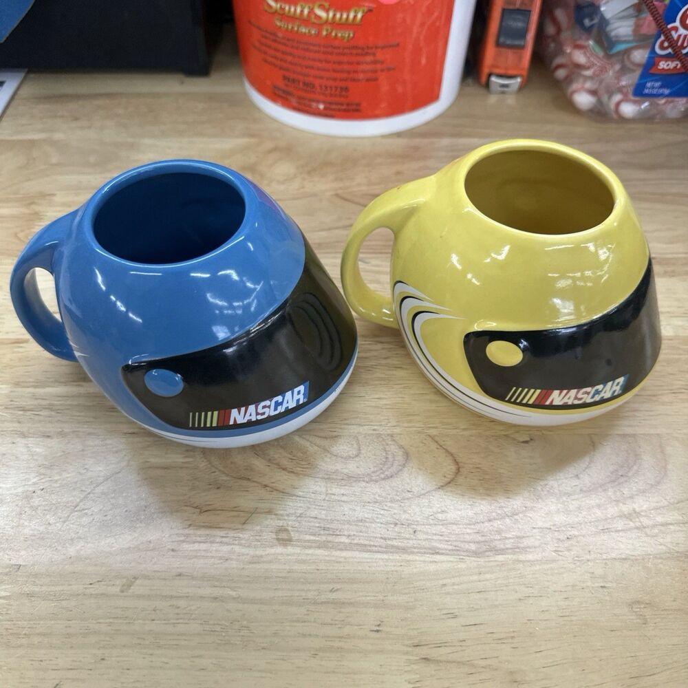 Lot of 2 NASCAR Racing Sherwood VTG Helmet Coffee Cup Mugs Yellow Blue 2003 Y2K